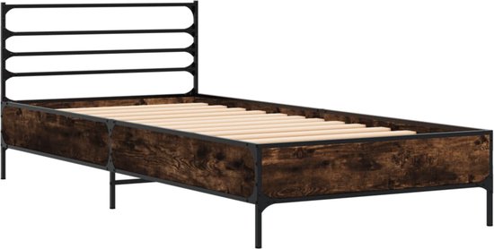 vidaXL - Bedframe - bewerkt - hout - en - metaal - gerookt - eikenkleurig - 75x190 - cm