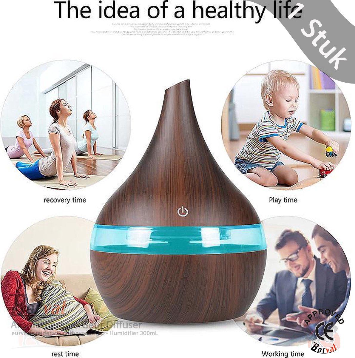 Borvat Geurverspreider Luchtbevochtiger Humidifier 300mL Vernevelaar Waterverdamper LED Humidifier