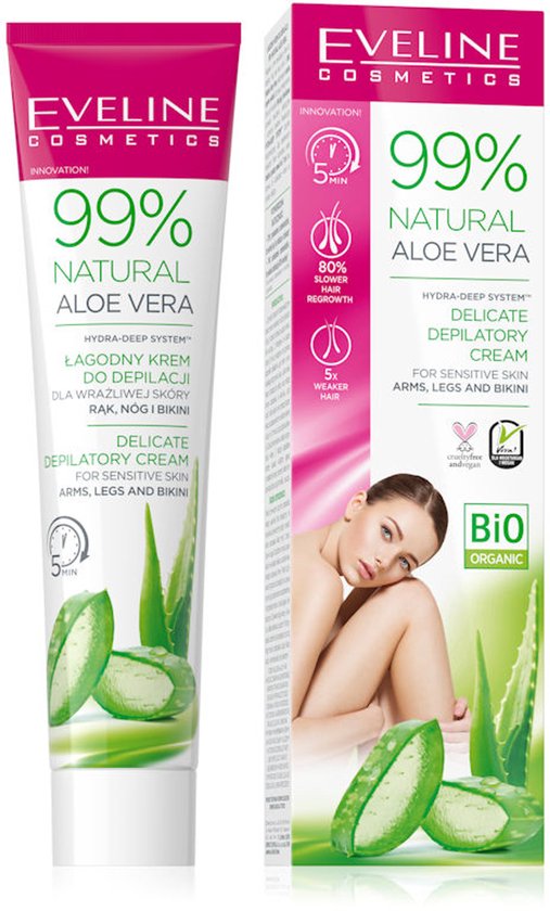 Eveline 99% Natural Aloe Vera ontharingscrème. Delicate crème voor gevoelige huid. Tube en doos met aloë vera bladeren.