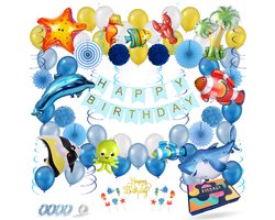 Fissaly 88 Stuks Zee Verjaardag Versiering Set – Oceaan Vissen Feest Decoratie – Verjaardag Feestversiering – Dolfijn, Haai, Zeepaard, Zeester, Kreeft, Vis & Octopus – Maritieme Themafeest