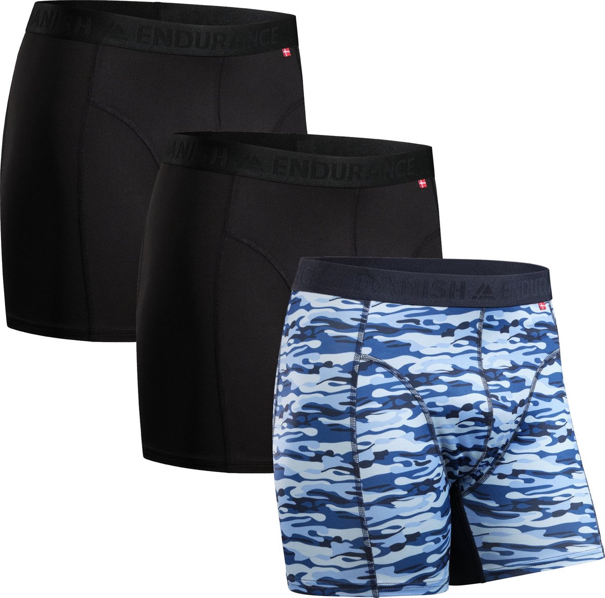 DANISH ENDURANCE Sportonderbroeken Heren - Quick Dry - Sport Boxershorts - 3 pack - Zwart/Camouflage Blauw - Maat M