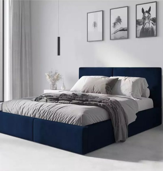 Bedframe Hilton - Gestoffeerd - Incl. lattenbodem - Opbergruimte - Incl. matras - Blauw - 140 x 200