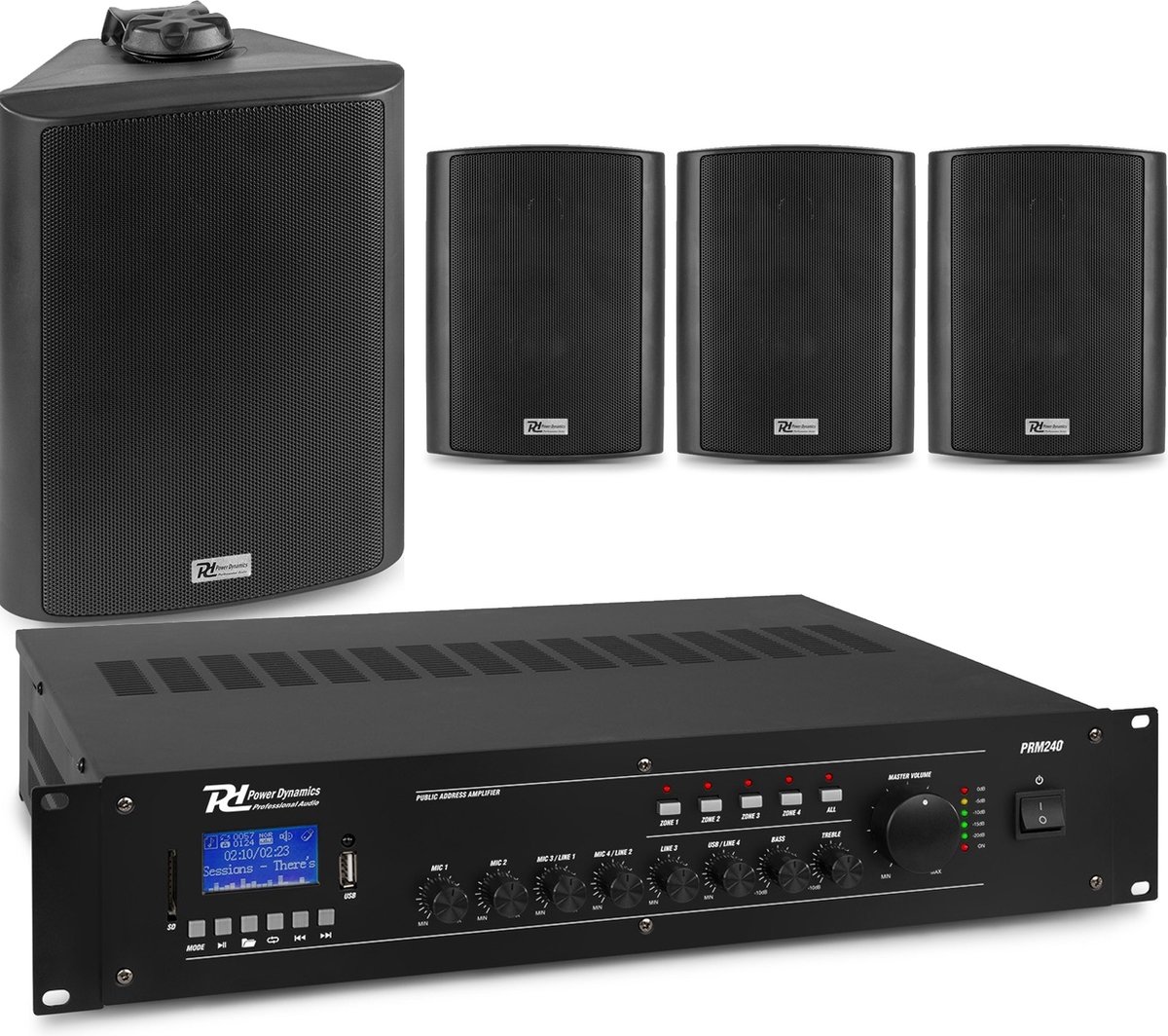 Power Dynamics Buitenspeakerset zwart - 4 speakers en 4-zone versterker - Bluetooth - 100V
