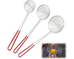 Roestvrijstalen schuimspaan, set van 3 roestvrijstalen zeefjes groot, medium, klein), spinnenzeef, keukenroosterlepel, pastazeef, sleuflepel, voor koken, braden in de keuken