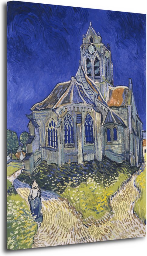 De kerk van Auvers - Vincent van Gogh wanddecoratie - Kerk portret - Schilderij op canvas Gebouw - Landelijk schilderij - Canvas - Muurdecoratie slaapkamer 50x70 cm