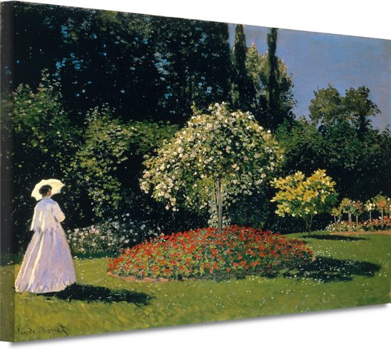 Jeanne-Marguerite Lecadre in de tuin - Claude Monet portret - Tuin schilderijen - Canvas schilderij Natuur - Wanddecoratie landelijk - Canvas schilderij woonkamer - Muurkunst 100x75 cm