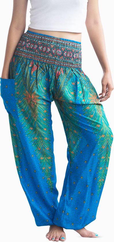 Sarouel - Pantalon de yoga - Pantalon d'été - pour femme et homme - Taille L; 44, 46 et 48 - Plume bleu vif.