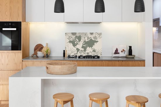 Spatscherm keuken 100x65 cm - Kookplaat achterwand Wereldkaart - Grijs - Bloemen - Muurbeschermer - Spatwand fornuis - Hoogwaardig aluminium