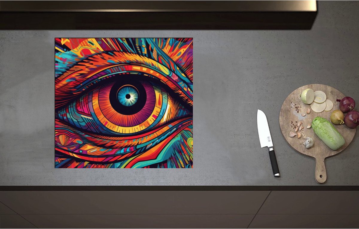 Inductieplaat Beschermer - Blauw Oog op Kleurrijk Gezicht - 58x55 cm - 2 mm Dik - Inductie Beschermer - Bescherming Inductiekookplaat - Kookplaat Beschermer van Wit Vinyl