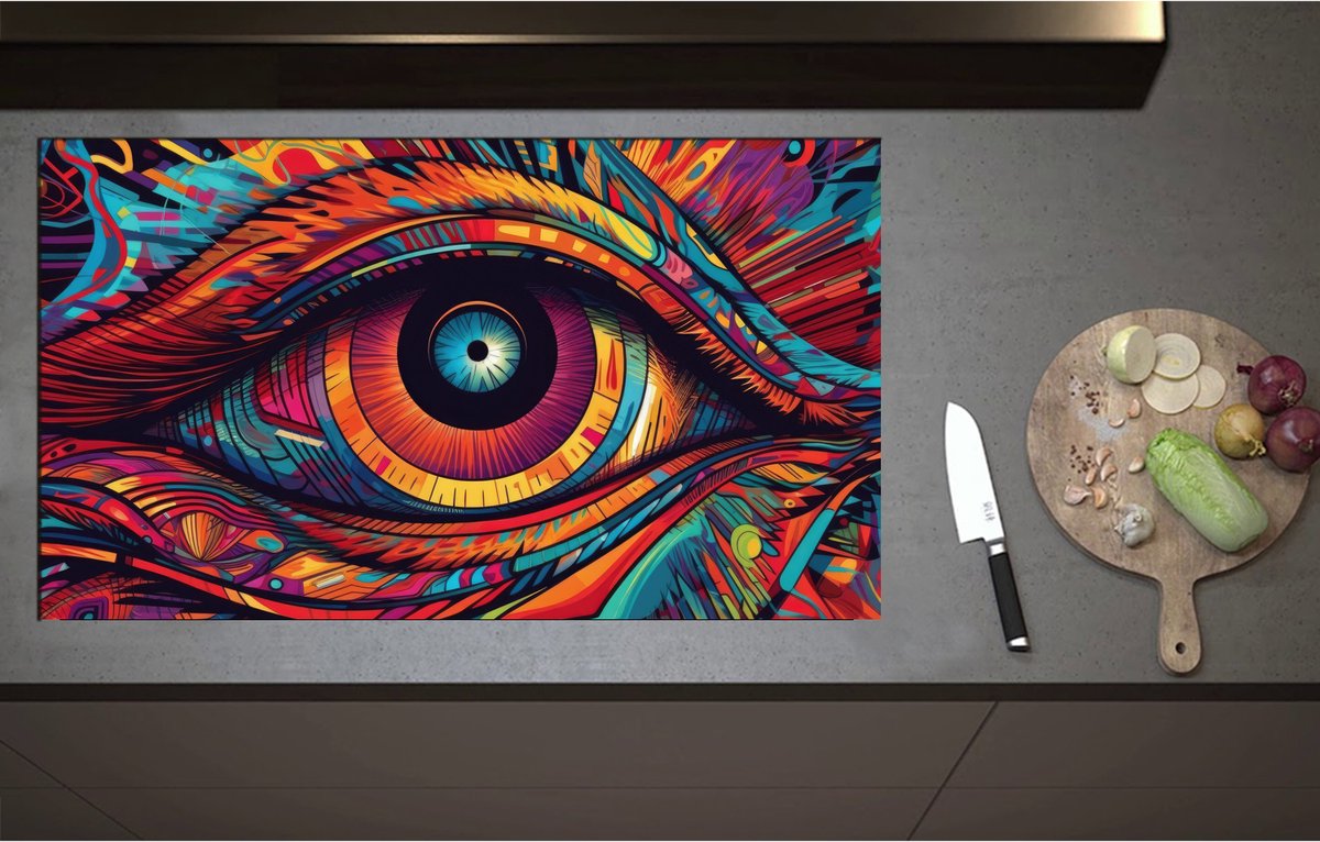 Inductieplaat Beschermer - Blauw Oog op Kleurrijk Gezicht - 95x55 cm - 2 mm Dik - Inductie Beschermer - Bescherming Inductiekookplaat - Kookplaat Beschermer van Wit Vinyl