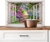 Spatscherm keuken 80x55 cm - Kookplaat achterwand Hortensia - Doorkijk - Bloemen - Zomer - Paars - Pad - Muurbeschermer - Spatwand fornuis - Hoogwaardig aluminium