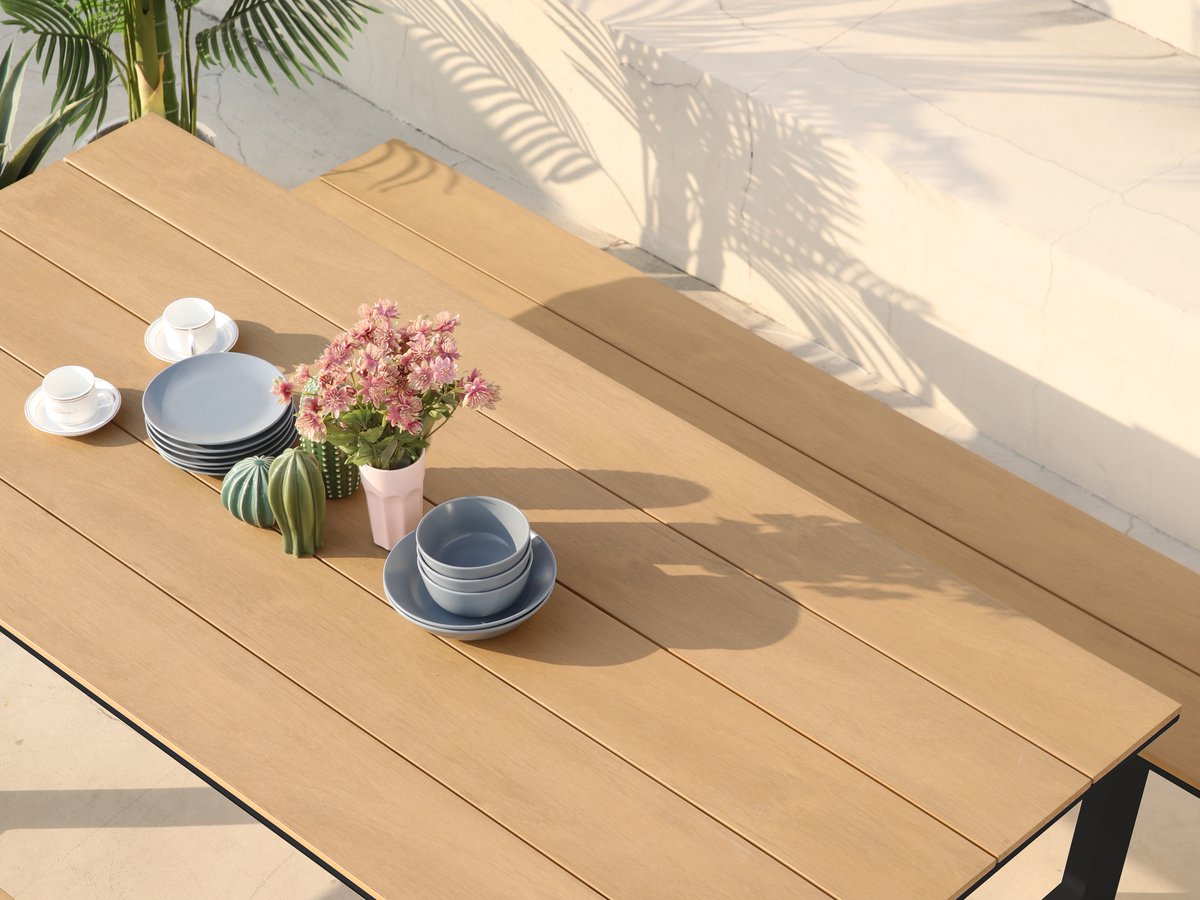 AXI Nori Picknicktafel met 2 banken Antraciet met Teak-look Polywood – Gepoedercoat aluminium frame – Tafel en banken met Polywood tafelblad en zitvlak - 200x190cm thumbnail 5