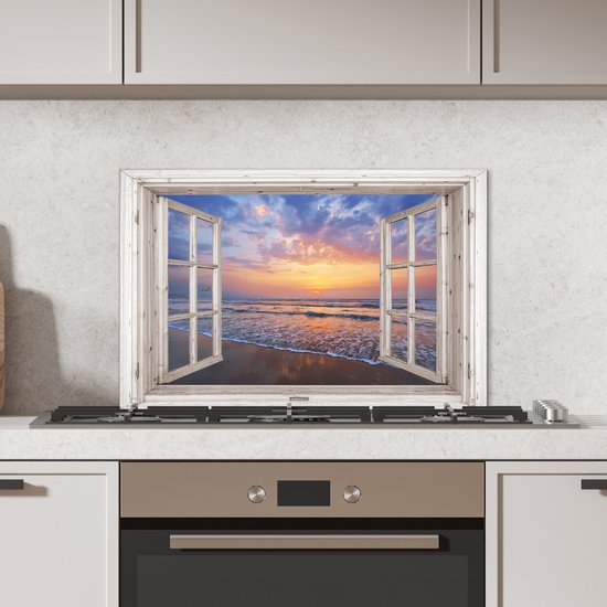 Spatscherm keuken 70x50 cm - Kookplaat achterwand Doorkijk - Zee - Strand - Zonsondergang - Blauw - Muurbeschermer - Spatwand fornuis - Hoogwaardig aluminium