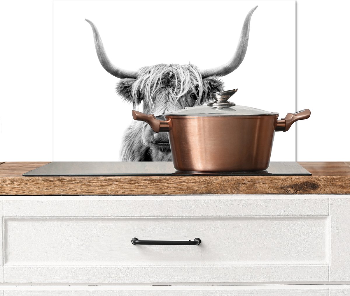 Spatscherm keuken 60x40 cm - Kookplaat achterwand Schotse hooglander - Stier - Zwart - Wit - Muurbeschermer - Spatwand fornuis - Hoogwaardig aluminium
