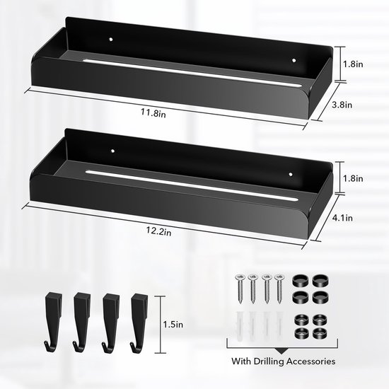Étagères de douche 2 pièces sans perçage - étagère murale de salle de bain en acier inoxydable noir avec organisateur