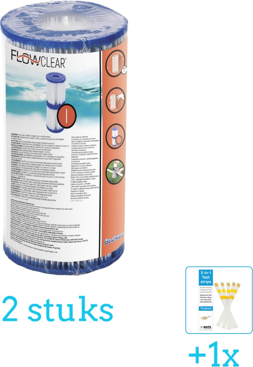 Bestway Flowclear Filter Cartridge (I) 2 stuks Voordeelverpakking Inclusief WAYS Testrips (1 stuks) Type 1 Type I filter Geschikt voor 58381 Pomp