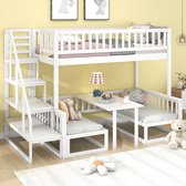 Sweiko Kinderbed, Ruimtebesparend stapelbed met trap, met verstelbare tafel, met houten bank, Robuust dennenframe, Wit (90x200cm&120*200cm)