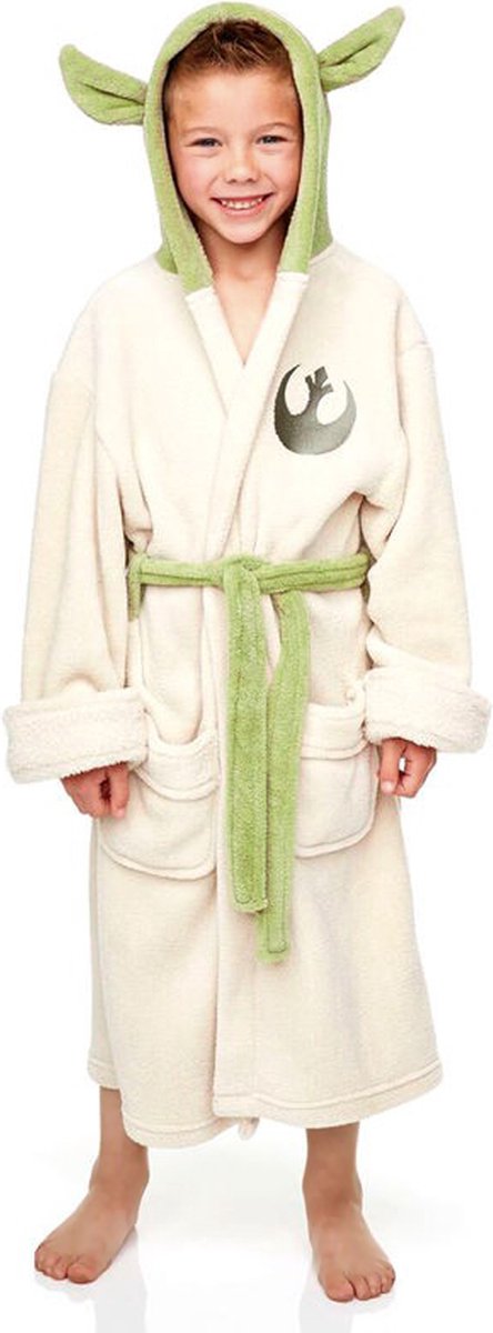 KIMU® Fleece Badjas Kind Star - Maat 128-134-140-146-152 - Pak Verkleedpak Kostuum Lang Vest Pyjama Groen Wars Joda Groen Wit Witte Ochtendjas Kamerjas Festival