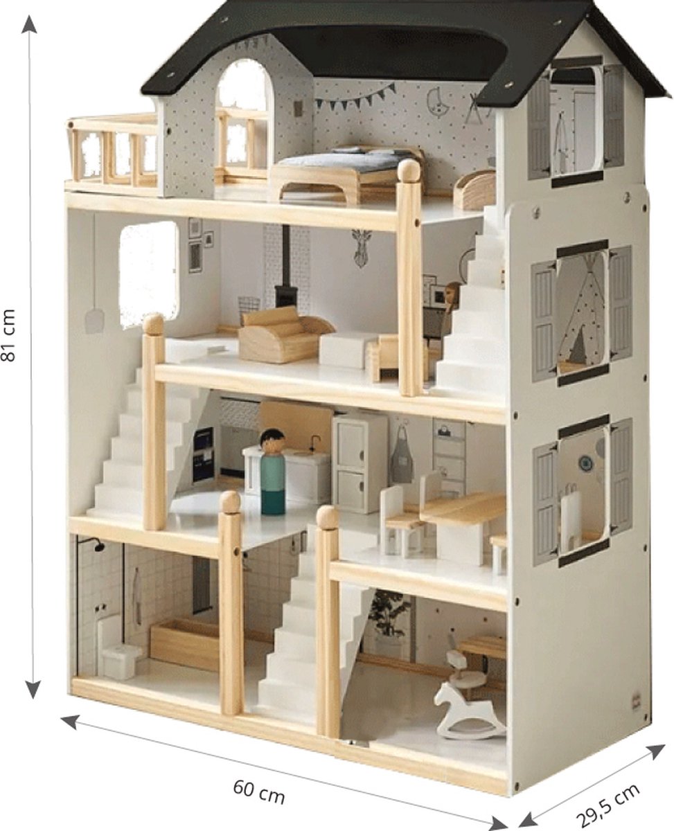 Petite Amélie Houten Poppenhuis - Zwart, grijs en wit - H.80 cm - Incl. 19 Poppenhuis Meubels – Voor een moderne speelwereld vol avonturen — afbeelding 12