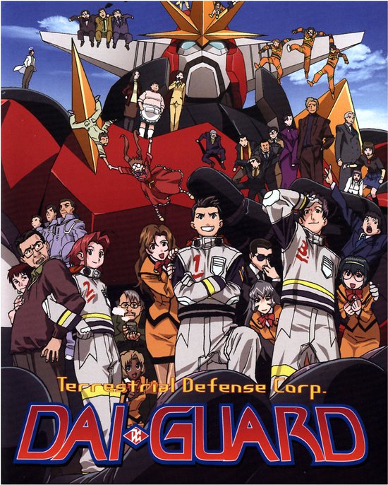 Een groep anime personages en een grote rode robot staan voor een blauwe hemel. De titel 'Terrestrial Defense Corp. DAI-GUARD' staat onderaan.
