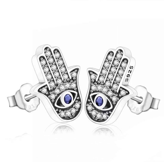 Foto: Zilveren oorbellen oorbellen hamsa hand oorstekers met zirkonia 925 sterling zilver direct uit voorraad met 925 zilver certificaat in leuke cadeauverpakking tip voor moederdag