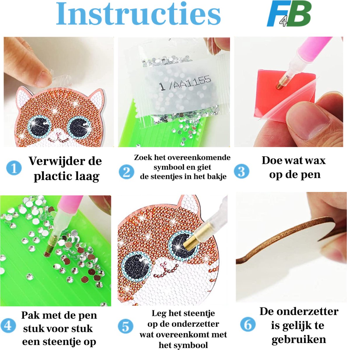 F4B Diamond Painting Onderzetters Vogels – 8 Stuks – Met Houder – Ø10 cm — afbeelding 6