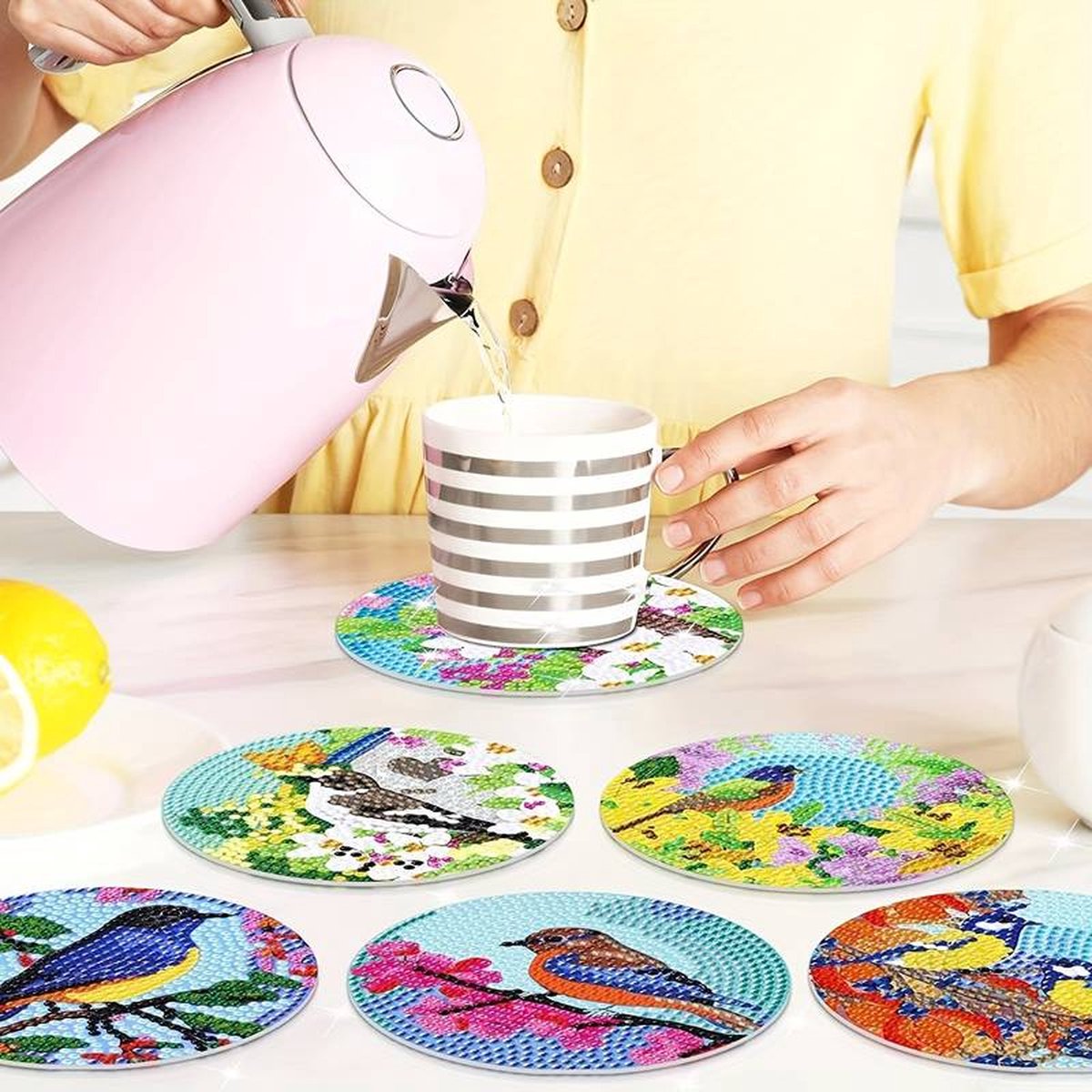 F4B Diamond Painting Onderzetters Vogels – 8 Stuks – Met Houder – Ø10 cm — afbeelding 12