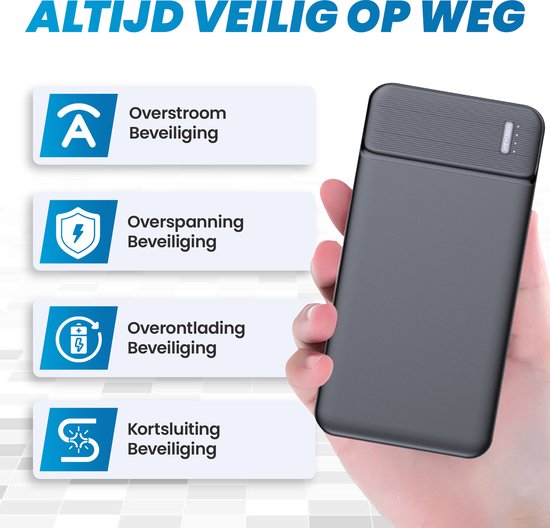 Grijze powerbank in hand, met "Altijd veilig op weg". Beveiligingen: "Overstroom, Overspanning, Overontlading, Kortsluiting".
