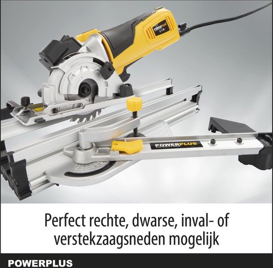 Gele mini-invalzaag op verstekbasis voor rechte, dwarse, inval- of verstekzaagsneden.