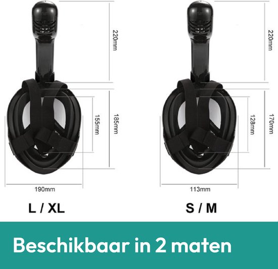 Twee maten, L/XL en S/M, zwart snorkelmasker met afmetingen.