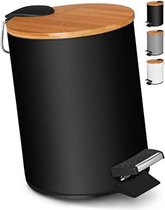 Boîte cosmétique 3L au design noir élégant/poubelle à pédale avec fermeture soft /poubelle élégante pour la salle de bain avec poubelle intérieure et couvercle en bois de bambou