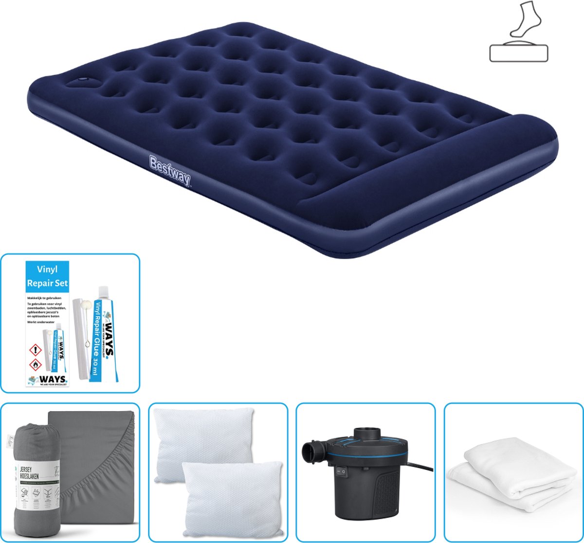 Bestway luchtbed - Twijfelaar - 137 x 191 x 28 cm - Blauw - Inclusief pomp - Hoeslaken - Kussen - Kussenbeschermer - Pomp en Reparatieset