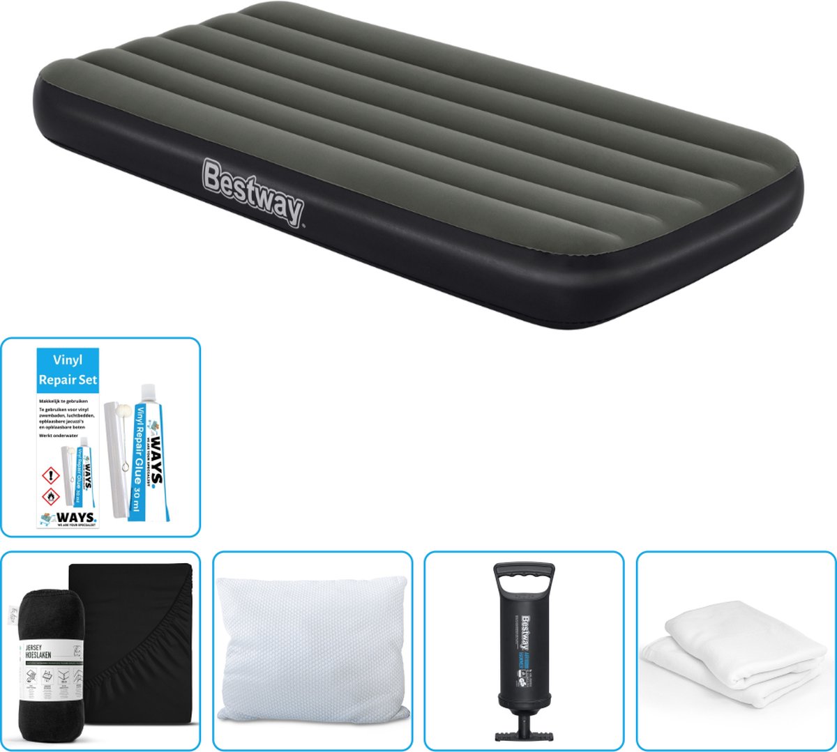 Bestway luchtbed - 1-Persoons - 99 x 188 x 28 cm - Blauw - Inclusief pomp - Hoeslaken - Kussen - Kussenbeschermer - Pomp en Reparatieset