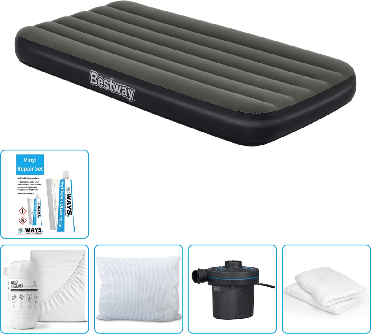 Bestway luchtbed - 1-Persoons - 99 x 188 x 28 cm - Blauw - Inclusief pomp - Hoeslaken - Kussen - Kussenbeschermer - Pomp en Reparatieset