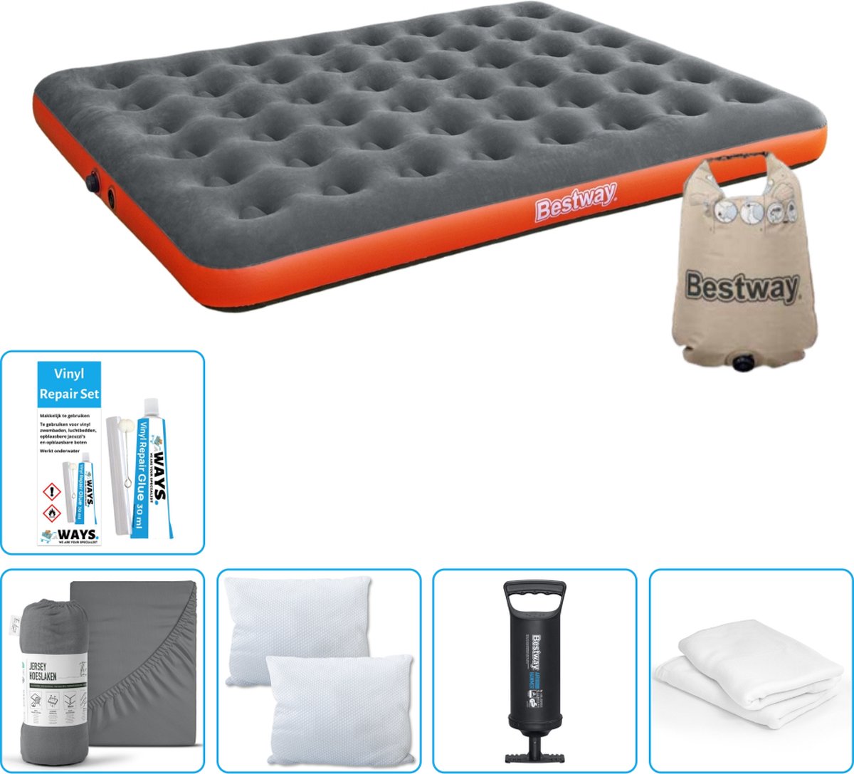 Bestway luchtbed - 2-Persoons - 152 x 203 x 22 cm - Grijs/Oranje - Inclusief Hoeslaken - Kussen - Kussenbeschermer - Pomp en Reparatieset