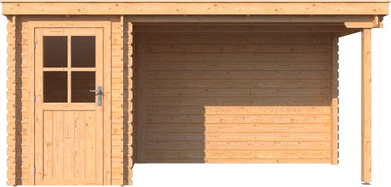 BlokhuttenOutlet.nl Blokhut met overkapping lessenaar dak 150 x 200 + 300cm