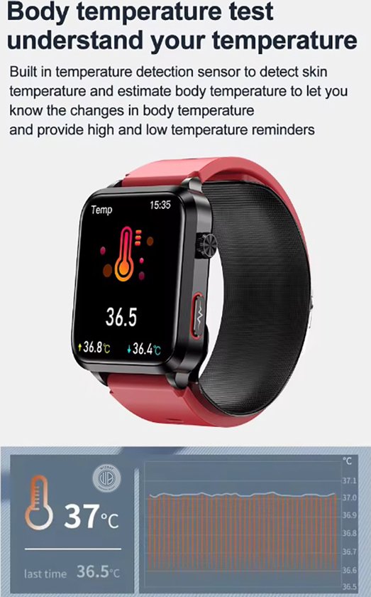 Rode smartwatch met een thermometerscherm dat 36.5°C aangeeft, met een grafiek van lichaamstemperatuur.