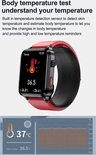 Rode smartwatch met een thermometerscherm dat 36.5°C aangeeft, met een grafiek van lichaamstemperatuur.