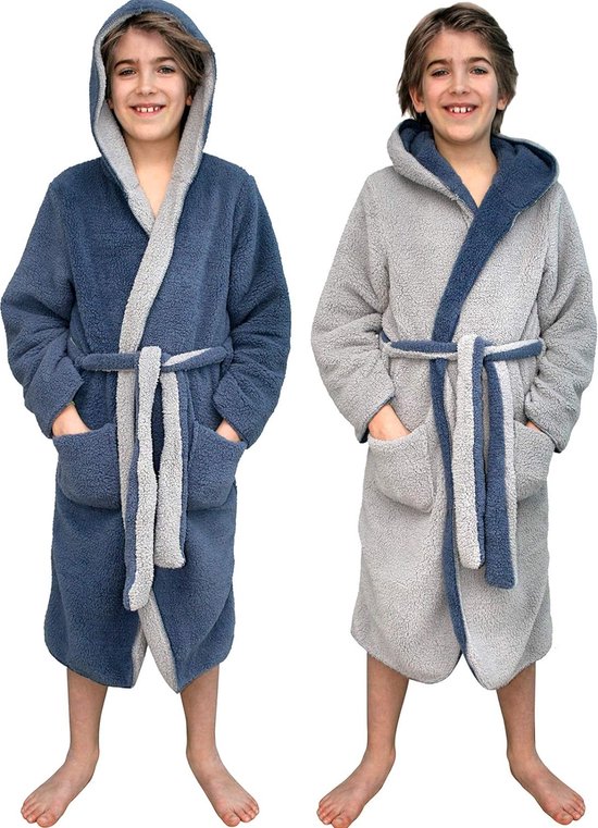 Knuffelige fleecebadjas voor kinderen - Sherpa kamerjas met zakken Sjaalkraag Riem - Omkeerbare kinderbadjas voor jongens en meisjes