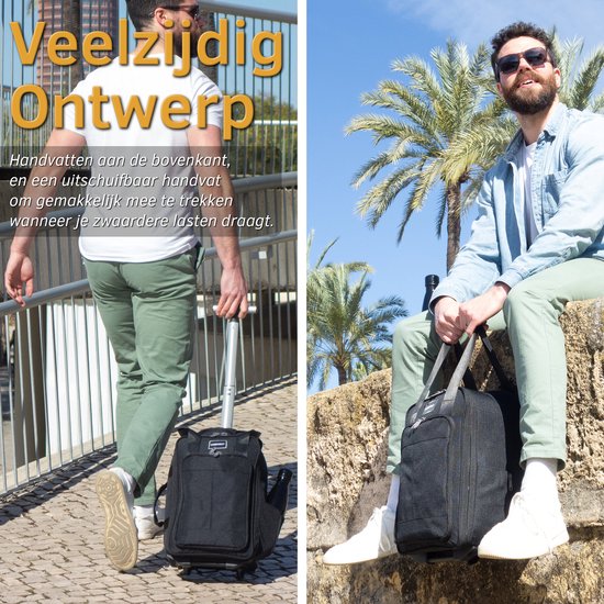 Man met zwarte Cabin Max reistas met wieltjes, achter een reling en zittend op een muur.