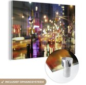 MuchoWow® Glasschilderij 30x20 cm - Schilderij acrylglas - New York - Lichten - Nacht - Foto op glas - Schilderijen