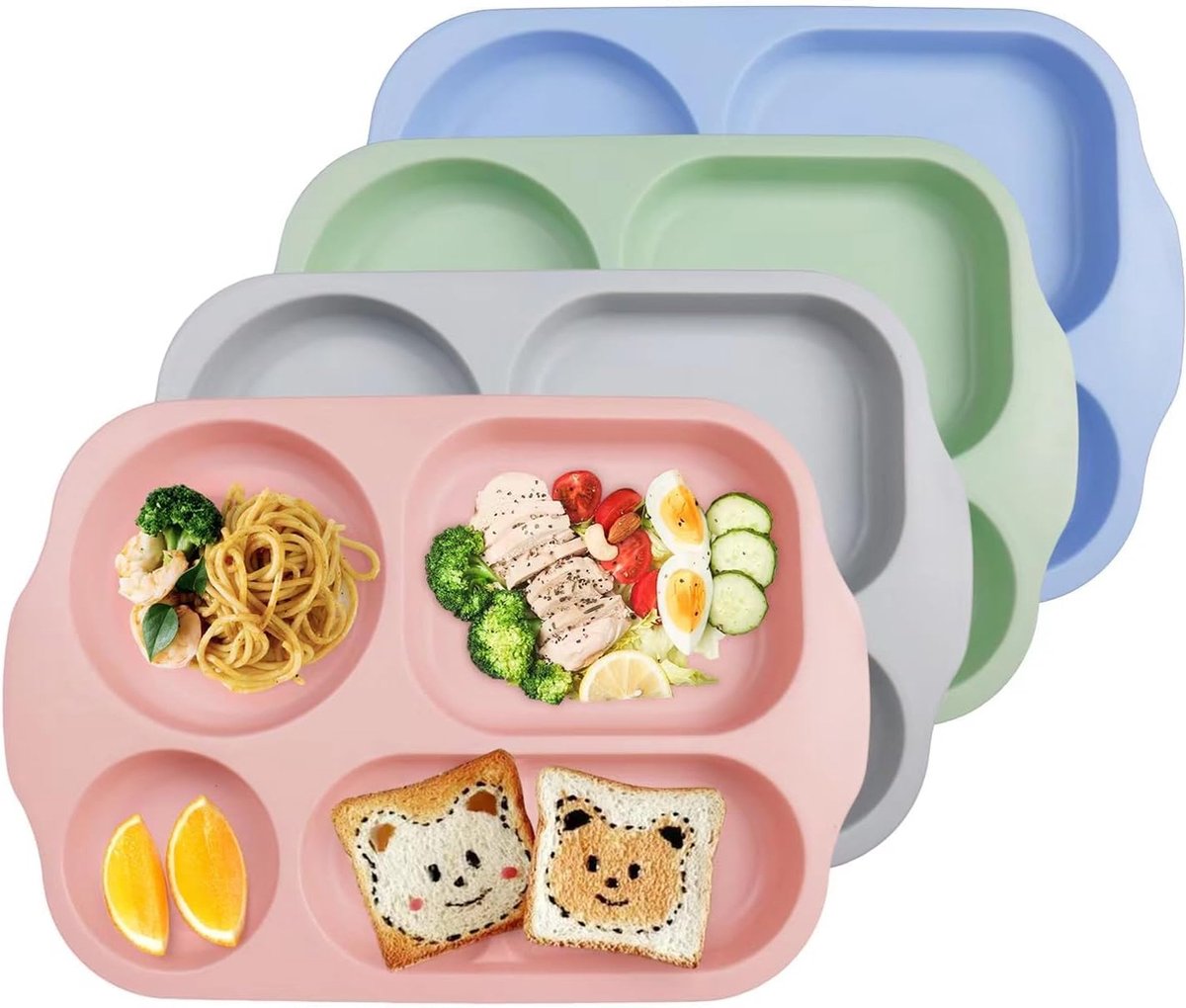 Bordenset van 4 gedeelde kinderborden met verdelers 5 vakken onbreekbare herbruikbare plastic borden dinerborden servies voor kinderen en volwassenen magnetron en vaatwasser