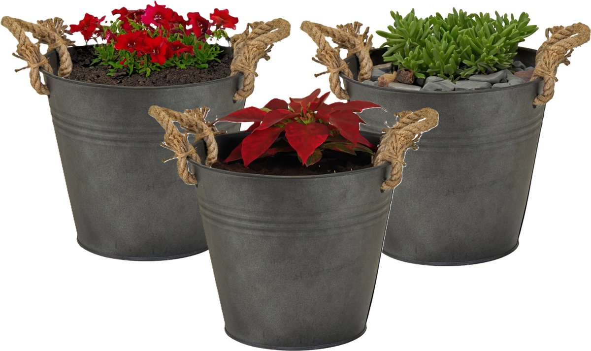 Goedkoopste Mega Collections Emmer/plantenpot/bloempot Old Rope - 3x - zink - antraciet - D18 X H18 cm