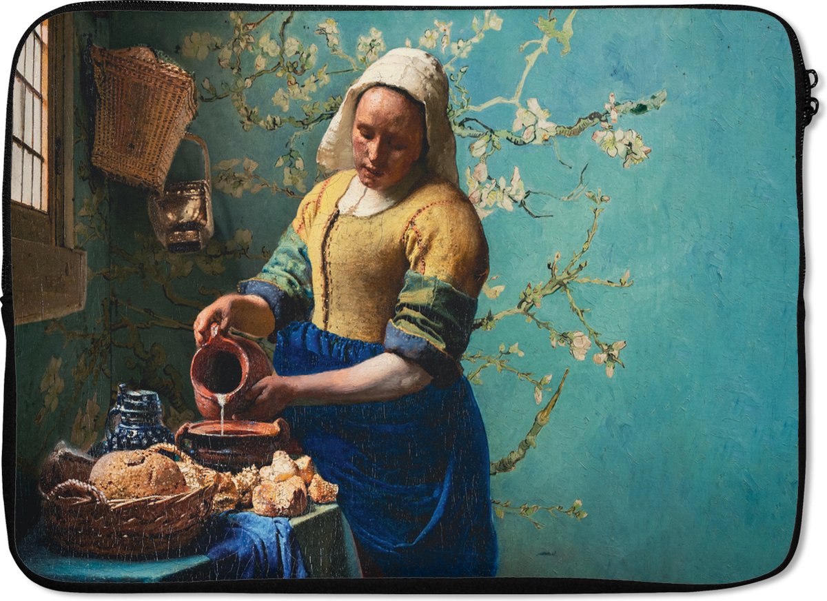 Laptophoes 13 inch - Melkmeisje - Amandelbloesem - Van Gogh - Vermeer - Schilderij - Oude meesters - Laptop sleeve - Binnenmaat 32x22,5 cm - Zwarte achterkant - Schoolspullen middelbare school