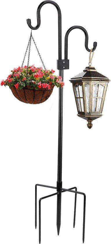 SWAWIS Herdershaak 234CM Herdersstaf Tuin Herdersstaf Dubbele haak met 5-punts basis Lantaarnstok Metalen tuinstok Herdershaak Herdersboog voor vogelvoeder, plantenmanden, lantaarns