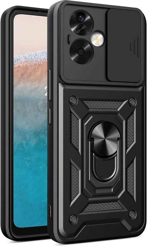 Casemania Hoesje Geschikt voor Oppo A79 - Zwart - Anti-Shock Hybrid Armor met Kickstand Ring met Camera Bescherming