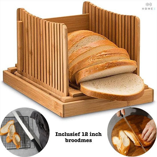 Foto: Home x broodsnijder bamboe broodsnijplank hulpmiddel broodsnijder handmatig broodplank bamboe hout met opvangbak zelf brood bakken rechte plakken verschillende diktes duurzame keukenaccessoire inclusief broodmes 12 inch