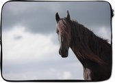 Laptophoes 14 inch 36x26 cm - Paarden - Macbook & Laptop sleeve Portret bruin paard tegen een donkere wolkenlucht - Laptop hoes met foto