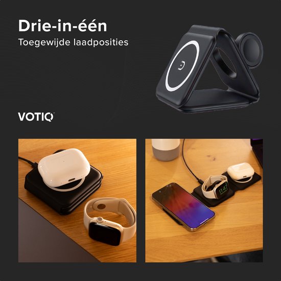 VOTIQ® 3-in-1 vouwbare oplader dock geschikt voor MagSafe Apple iPhone 12/13/14/15 MINI/MAX/PRO/PLUS Airpods iWatch 15W - Draadloos Reis Oplaadstation - Zwart - Votiq