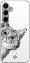 Casimoda® hoesje - Geschikt voor Samsung Galaxy S24 - Kat Kiekeboe - Shockproof case - Extra sterk - TPU/polycarbonaat - Grijs, Transparant